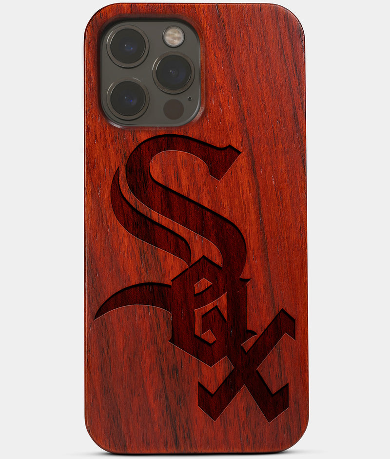 Carved Wood Chicago White Sox iPhone 13 Pro Max Case | Custom Chicago White Sox Gift, Birthday Gift | Personalized Mahogany Wood Cover, Gifts For Him, Monogrammed Gift For Fan | by Engraved In Nature