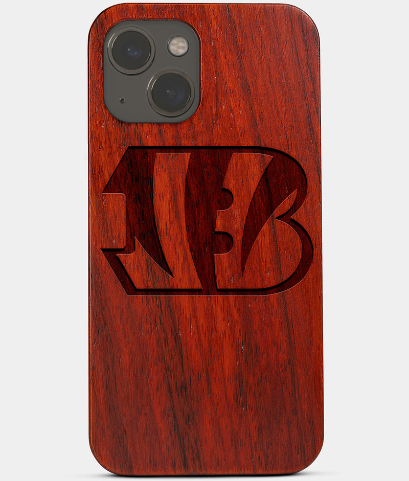 Carved Wood Cincinnati Bengals iPhone 13 Mini Case | Custom Cincinnati Bengals Gift, Birthday Gift | Personalized Mahogany Wood Cover, Gifts For Him, Monogrammed Gift For Fan | by Engraved In Nature