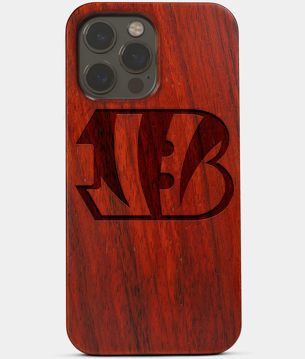 Carved Wood Cincinnati Bengals iPhone 13 Pro Case | Custom Cincinnati Bengals Gift, Birthday Gift | Personalized Mahogany Wood Cover, Gifts For Him, Monogrammed Gift For Fan | by Engraved In Nature