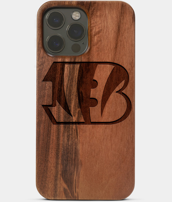 Carved Wood Cincinnati Bengals iPhone 13 Pro Case | Custom Cincinnati Bengals Gift, Birthday Gift | Personalized Mahogany Wood Cover, Gifts For Him, Monogrammed Gift For Fan | by Engraved In Nature