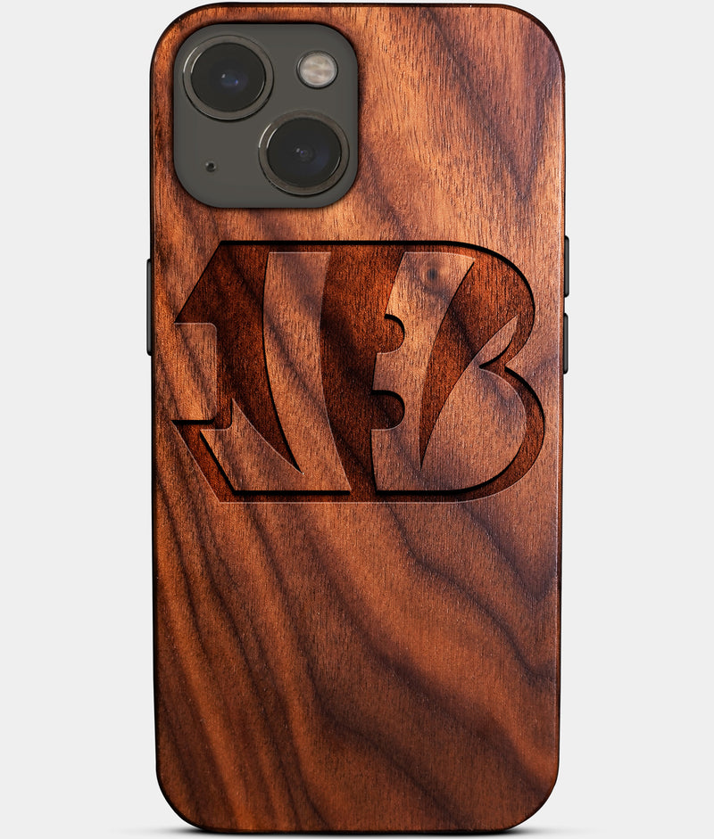 Eco-friendly Cincinnati Bengals iPhone 14 Case - Carved Wood Custom Cincinnati Bengals Gift For Him - Monogrammed Personalized iPhone 14 Cover By Engraved In Nature
