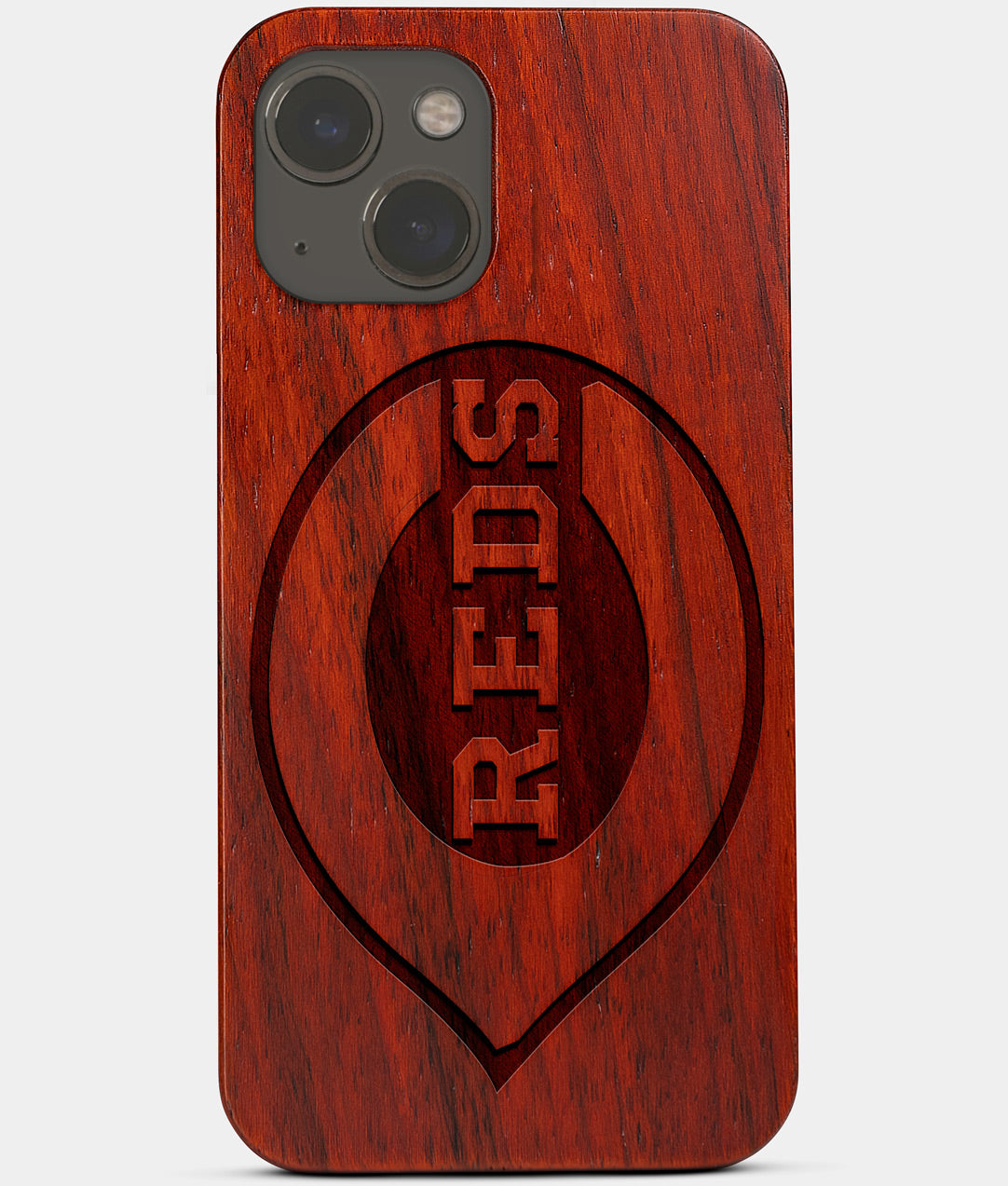 Carved Wood Cincinnati Reds iPhone 13 Mini Case | Custom Cincinnati Reds Gift, Birthday Gift | Personalized Mahogany Wood Cover, Gifts For Him, Monogrammed Gift For Fan | by Engraved In Nature