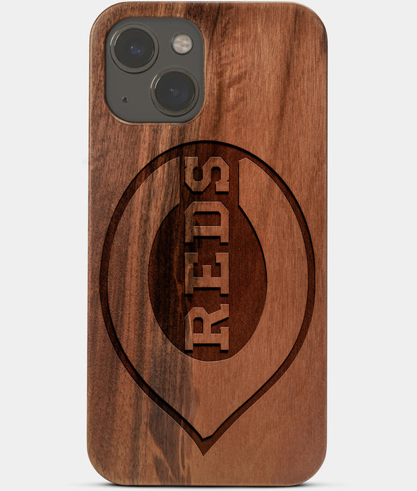 Carved Wood Cincinnati Reds iPhone 13 Mini Case | Custom Cincinnati Reds Gift, Birthday Gift | Personalized Mahogany Wood Cover, Gifts For Him, Monogrammed Gift For Fan | by Engraved In Nature