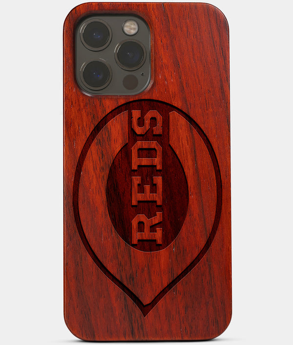 Carved Wood Cincinnati Reds iPhone 13 Pro Max Case | Custom Cincinnati Reds Gift, Birthday Gift | Personalized Mahogany Wood Cover, Gifts For Him, Monogrammed Gift For Fan | by Engraved In Nature