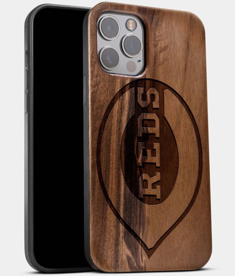 Best Wood Cincinnati Reds iPhone 13 Pro Max Case | Custom Cincinnati Reds Gift | Walnut Wood Cover - Engraved In Nature