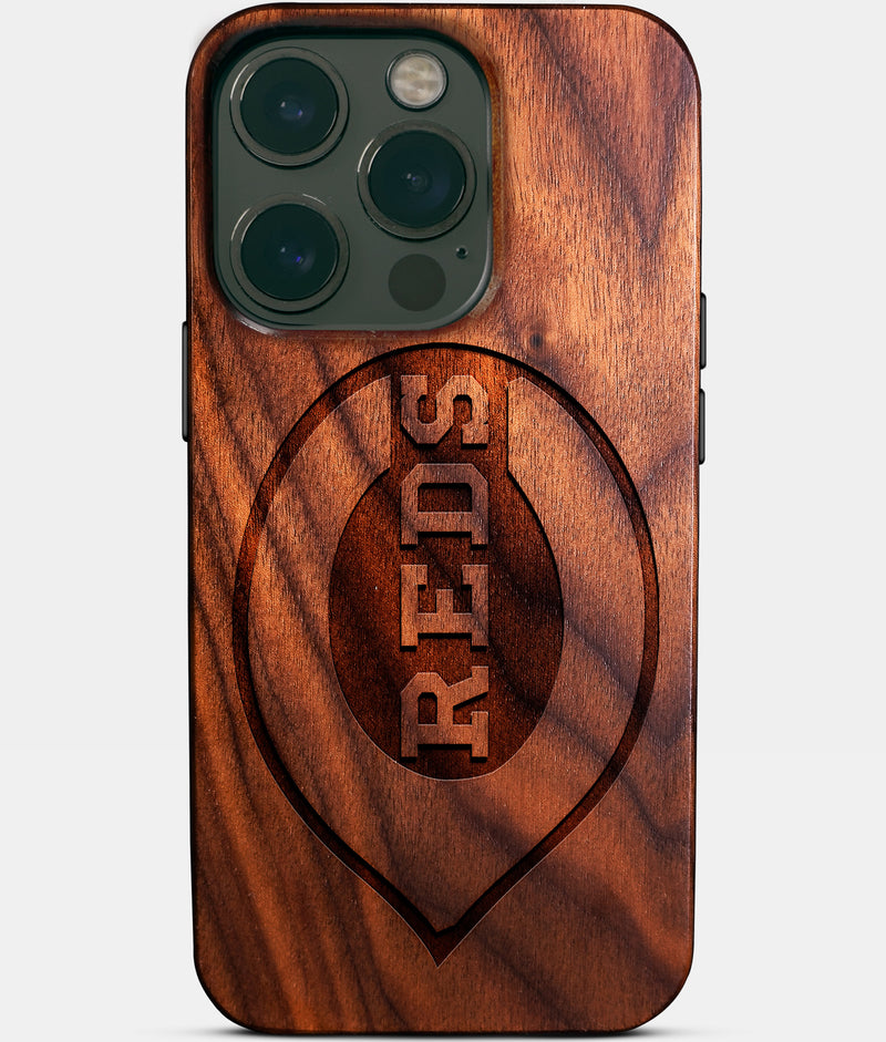 Eco-friendly Cincinnati Reds iPhone 14 Pro Case - Carved Wood Custom Cincinnati Reds Gift For Him - Monogrammed Personalized iPhone 14 Pro Cover By Engraved In Nature