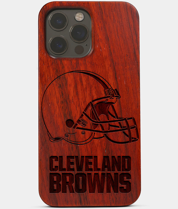 Carved Wood Cleveland Browns iPhone 13 Pro Case | Custom Cleveland Browns Gift, Birthday Gift | Personalized Mahogany Wood Cover, Gifts For Him, Monogrammed Gift For Fan | by Engraved In Nature