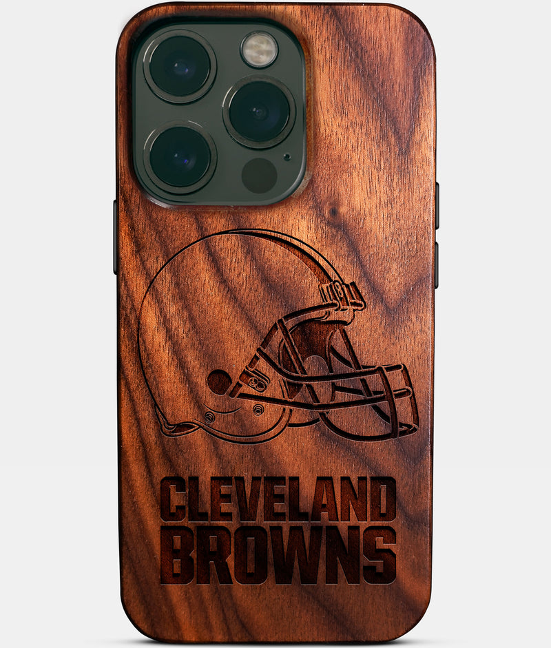 Eco-friendly Cleveland Browns iPhone 14 Pro Case - Carved Wood Custom Cleveland Browns Gift For Him - Monogrammed Personalized iPhone 14 Pro Cover By Engraved In Nature