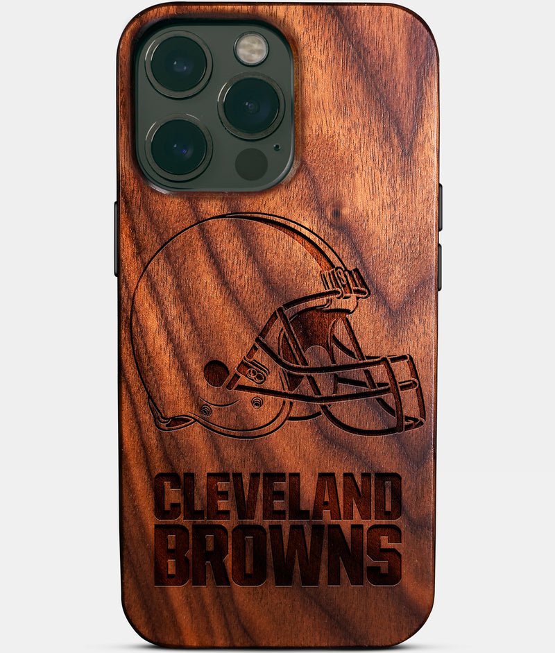 Eco-friendly Cleveland Browns iPhone 14 Pro Max Case - Carved Wood Custom Cleveland Browns Gift For Him - Monogrammed Personalized iPhone 14 Pro Max Cover By Engraved In Nature