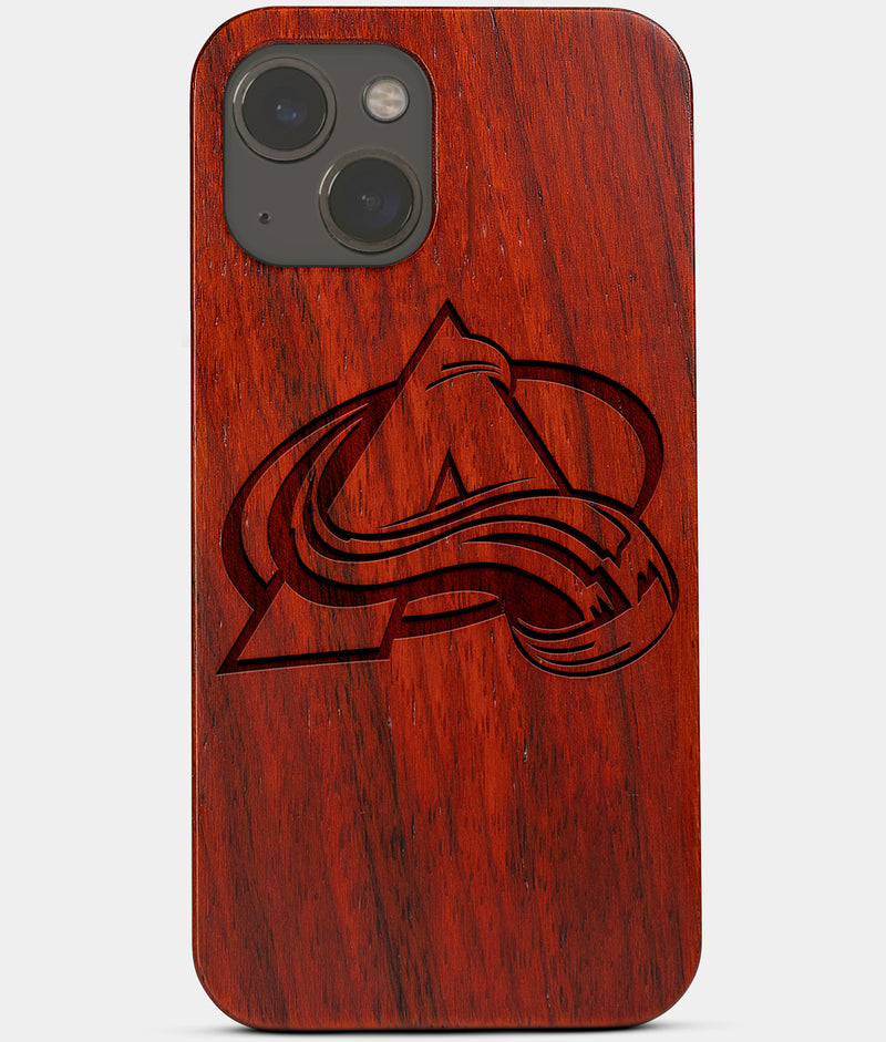 Carved Wood Colorado Avalanche iPhone 13 Case | Custom Colorado Avalanche Gift, Birthday Gift | Personalized Mahogany Wood Cover, Gifts For Him, Monogrammed Gift For Fan | by Engraved In Nature