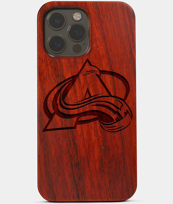 Carved Wood Colorado Avalanche iPhone 13 Pro Max Case | Custom Colorado Avalanche Gift, Birthday Gift | Personalized Mahogany Wood Cover, Gifts For Him, Monogrammed Gift For Fan | by Engraved In Nature