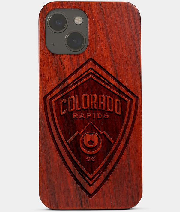 Carved Wood Colorado Rapids iPhone 13 Mini Case | Custom Colorado Rapids Gift, Birthday Gift | Personalized Mahogany Wood Cover, Gifts For Him, Monogrammed Gift For Fan | by Engraved In Nature