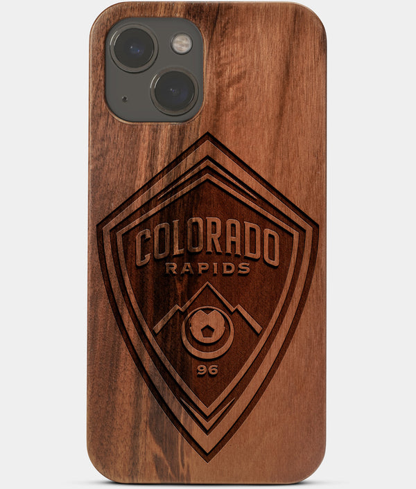 Carved Wood Colorado Rapids iPhone 13 Mini Case | Custom Colorado Rapids Gift, Birthday Gift | Personalized Mahogany Wood Cover, Gifts For Him, Monogrammed Gift For Fan | by Engraved In Nature