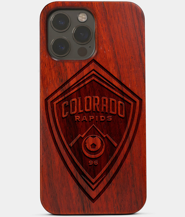 Carved Wood Colorado Rapids iPhone 13 Pro Case | Custom Colorado Rapids Gift, Birthday Gift | Personalized Mahogany Wood Cover, Gifts For Him, Monogrammed Gift For Fan | by Engraved In Nature