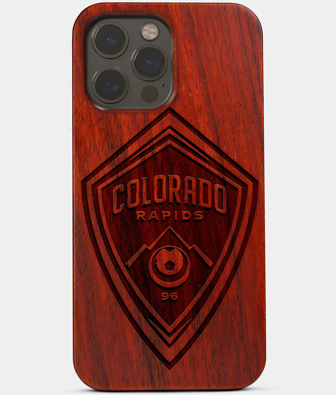 Carved Wood Colorado Rapids iPhone 13 Pro Max Case | Custom Colorado Rapids Gift, Birthday Gift | Personalized Mahogany Wood Cover, Gifts For Him, Monogrammed Gift For Fan | by Engraved In Nature