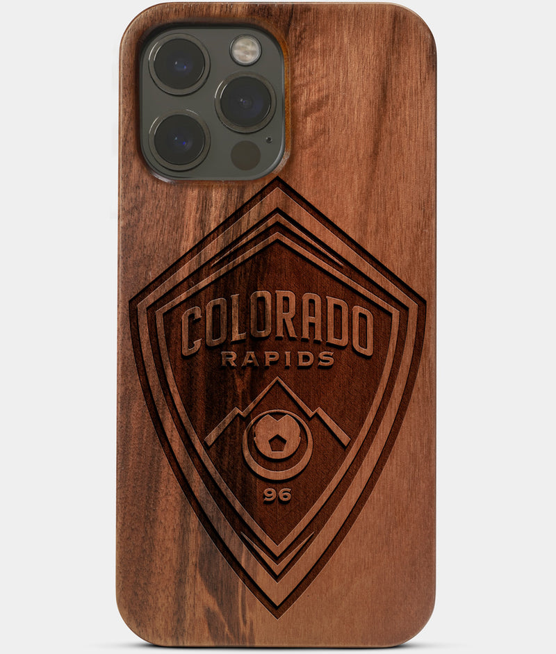 Carved Wood Colorado Rapids iPhone 13 Pro Max Case | Custom Colorado Rapids Gift, Birthday Gift | Personalized Mahogany Wood Cover, Gifts For Him, Monogrammed Gift For Fan | by Engraved In Nature