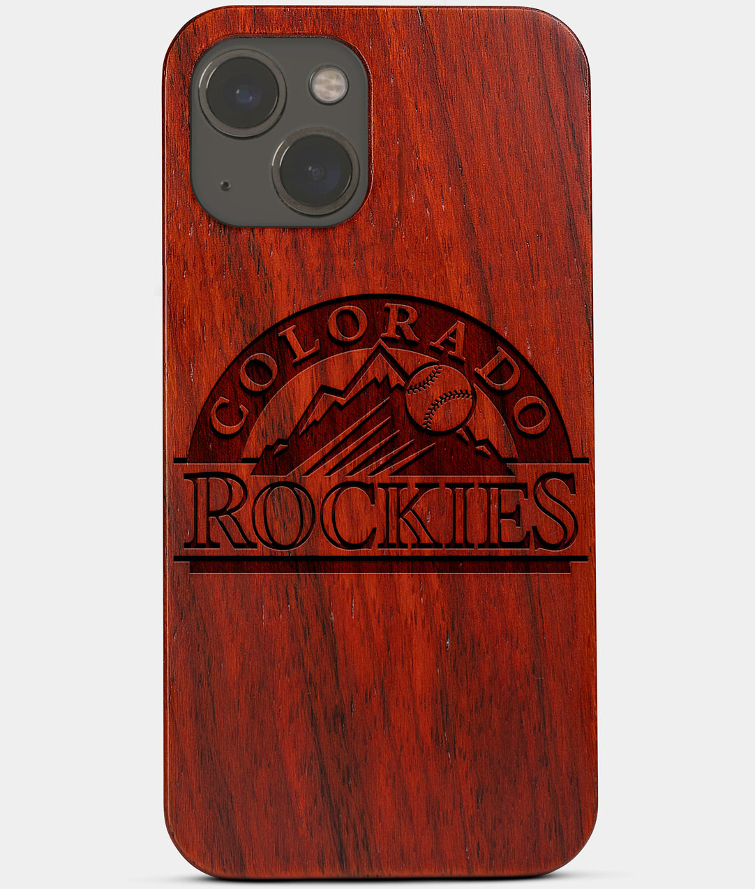 Carved Wood Colorado Rockies iPhone 13 Mini Case | Custom Colorado Rockies Gift, Birthday Gift | Personalized Mahogany Wood Cover, Gifts For Him, Monogrammed Gift For Fan | by Engraved In Nature