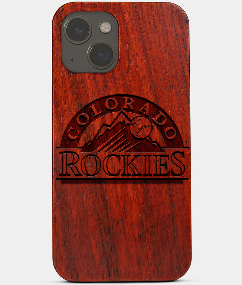 Carved Wood Colorado Rockies iPhone 13 Mini Case | Custom Colorado Rockies Gift, Birthday Gift | Personalized Mahogany Wood Cover, Gifts For Him, Monogrammed Gift For Fan | by Engraved In Nature