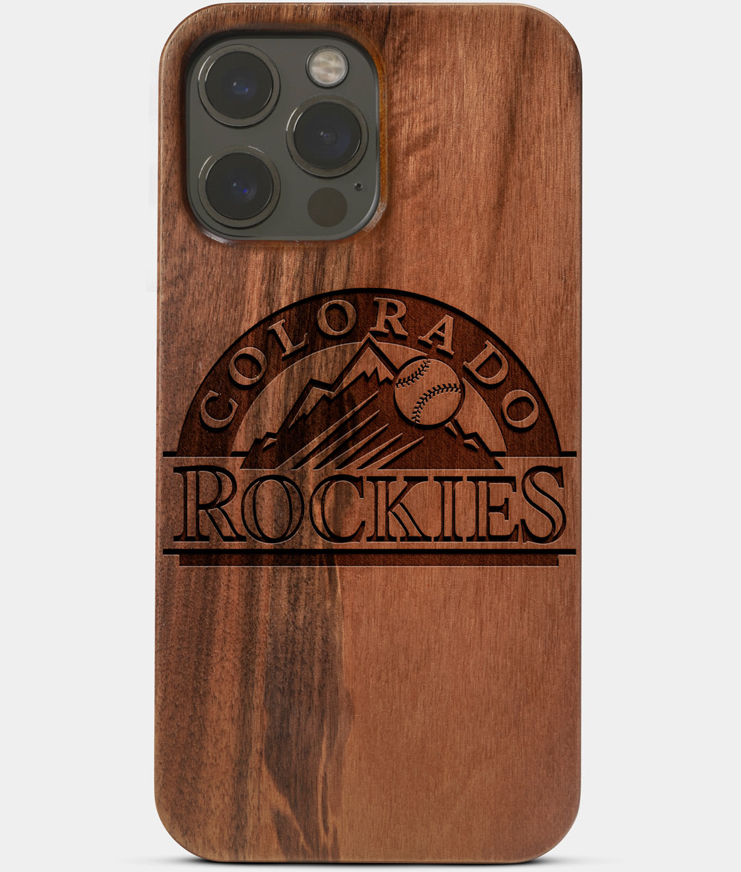 Carved Wood Colorado Rockies iPhone 13 Pro Max Case | Custom Colorado Rockies Gift, Birthday Gift | Personalized Mahogany Wood Cover, Gifts For Him, Monogrammed Gift For Fan | by Engraved In Nature