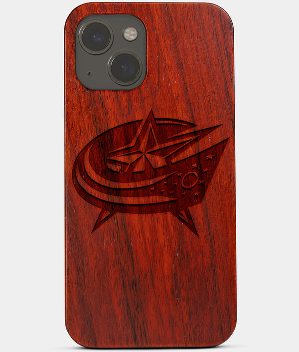 Carved Wood Columbus Blue Jackets iPhone 13 Case | Custom Columbus Blue Jackets Gift, Birthday Gift | Personalized Mahogany Wood Cover, Gifts For Him, Monogrammed Gift For Fan | by Engraved In Nature