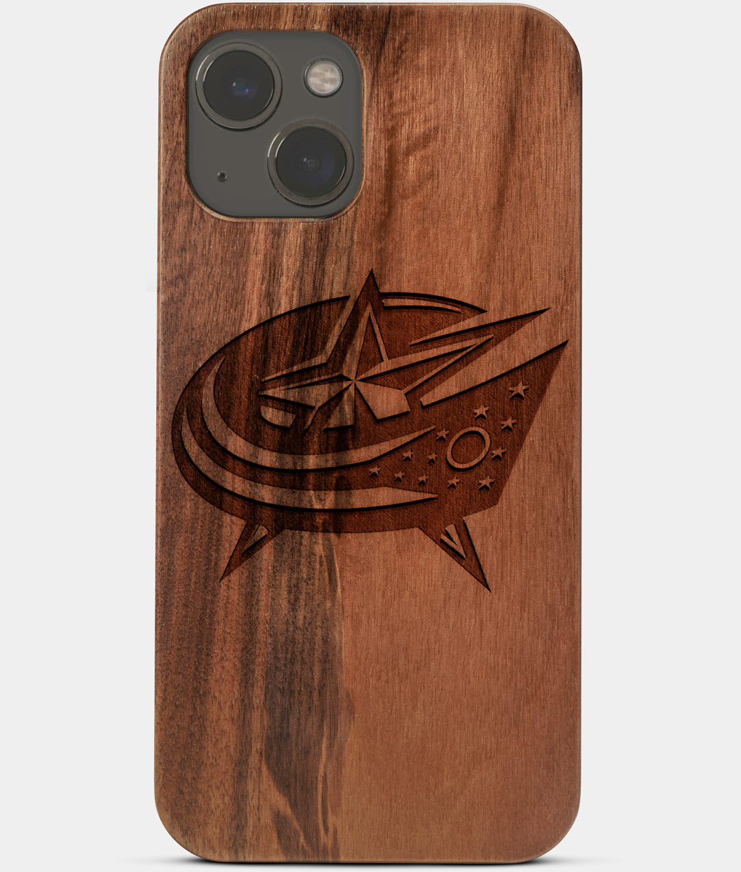 Carved Wood Columbus Blue Jackets iPhone 13 Mini Case | Custom Columbus Blue Jackets Gift, Birthday Gift | Personalized Mahogany Wood Cover, Gifts For Him, Monogrammed Gift For Fan | by Engraved In Nature