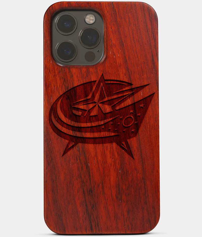 Carved Wood Columbus Blue Jackets iPhone 13 Pro Case | Custom Columbus Blue Jackets Gift, Birthday Gift | Personalized Mahogany Wood Cover, Gifts For Him, Monogrammed Gift For Fan | by Engraved In Nature