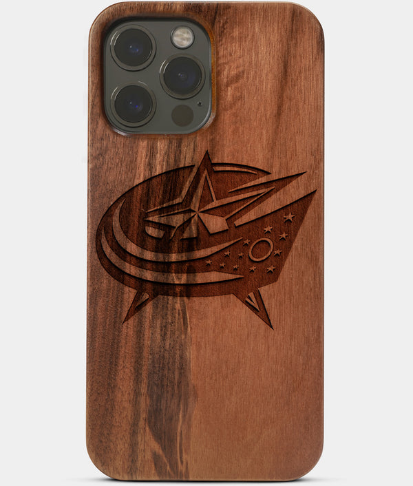 Carved Wood Columbus Blue Jackets iPhone 13 Pro Case | Custom Columbus Blue Jackets Gift, Birthday Gift | Personalized Mahogany Wood Cover, Gifts For Him, Monogrammed Gift For Fan | by Engraved In Nature