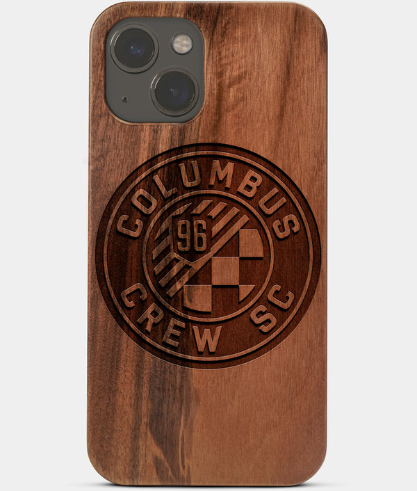 Carved Wood Columbus Crew SC iPhone 13 Case | Custom Columbus Crew SC Gift, Birthday Gift | Personalized Mahogany Wood Cover, Gifts For Him, Monogrammed Gift For Fan | by Engraved In Nature