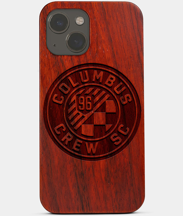 Carved Wood Columbus Crew SC iPhone 13 Mini Case | Custom Columbus Crew SC Gift, Birthday Gift | Personalized Mahogany Wood Cover, Gifts For Him, Monogrammed Gift For Fan | by Engraved In Nature