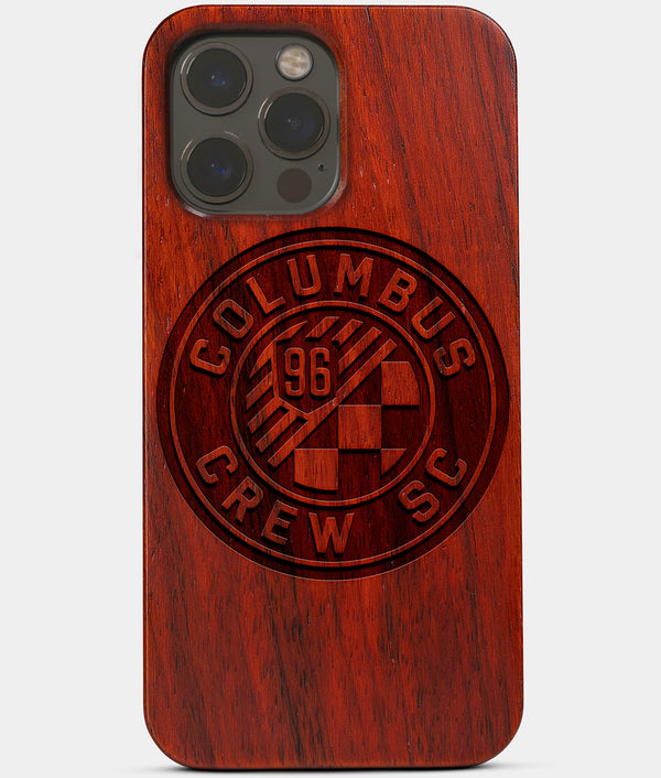Carved Wood Columbus Crew SC iPhone 13 Pro Case | Custom Columbus Crew SC Gift, Birthday Gift | Personalized Mahogany Wood Cover, Gifts For Him, Monogrammed Gift For Fan | by Engraved In Nature