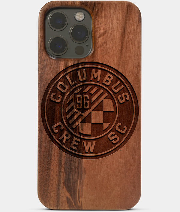 Carved Wood Columbus Crew SC iPhone 13 Pro Case | Custom Columbus Crew SC Gift, Birthday Gift | Personalized Mahogany Wood Cover, Gifts For Him, Monogrammed Gift For Fan | by Engraved In Nature