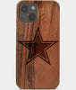 Carved Wood Dallas Cowboys iPhone 13 Case | Custom Dallas Cowboys Gift, Birthday Gift | Personalized Mahogany Wood Cover, Gifts For Him, Monogrammed Gift For Fan | by Engraved In Nature