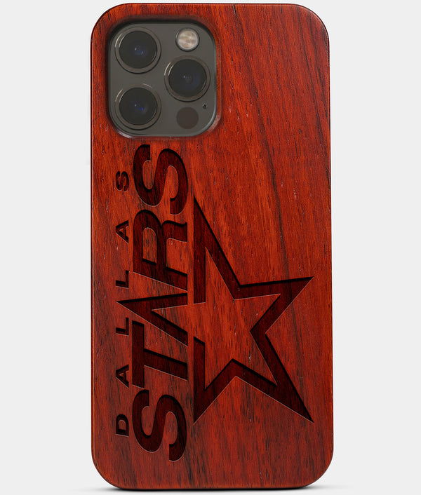 Carved Wood Dallas Stars iPhone 13 Pro Case | Custom Dallas Stars Gift, Birthday Gift | Personalized Mahogany Wood Cover, Gifts For Him, Monogrammed Gift For Fan | by Engraved In Nature