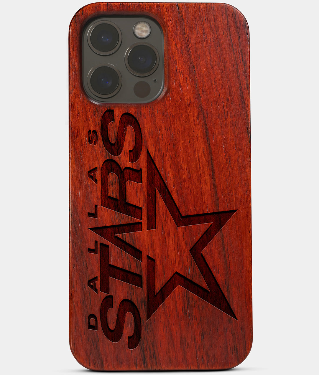 Carved Wood Dallas Stars iPhone 13 Pro Max Case | Custom Dallas Stars Gift, Birthday Gift | Personalized Mahogany Wood Cover, Gifts For Him, Monogrammed Gift For Fan | by Engraved In Nature