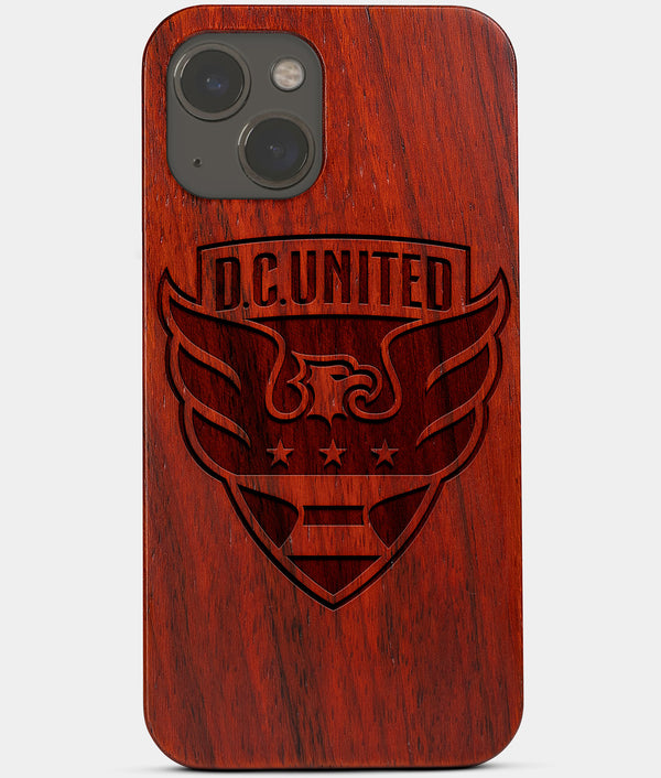 Carved Wood D.C. United iPhone 13 Mini Case | Custom D.C. United Gift, Birthday Gift | Personalized Mahogany Wood Cover, Gifts For Him, Monogrammed Gift For Fan | by Engraved In Nature