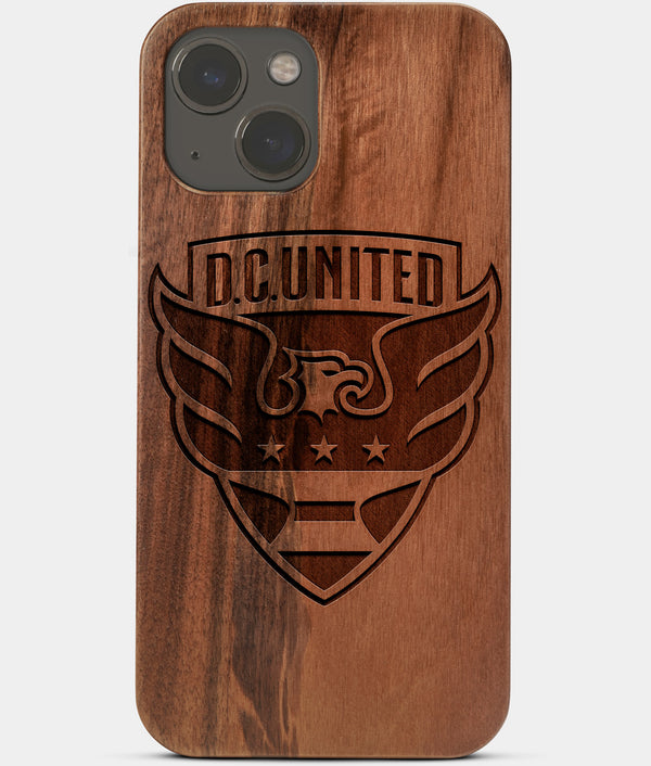 Carved Wood D.C. United iPhone 13 Mini Case | Custom D.C. United Gift, Birthday Gift | Personalized Mahogany Wood Cover, Gifts For Him, Monogrammed Gift For Fan | by Engraved In Nature