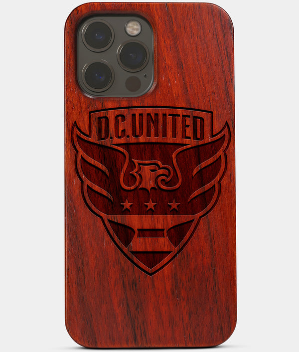 Carved Wood D.C. United iPhone 13 Pro Case | Custom D.C. United Gift, Birthday Gift | Personalized Mahogany Wood Cover, Gifts For Him, Monogrammed Gift For Fan | by Engraved In Nature