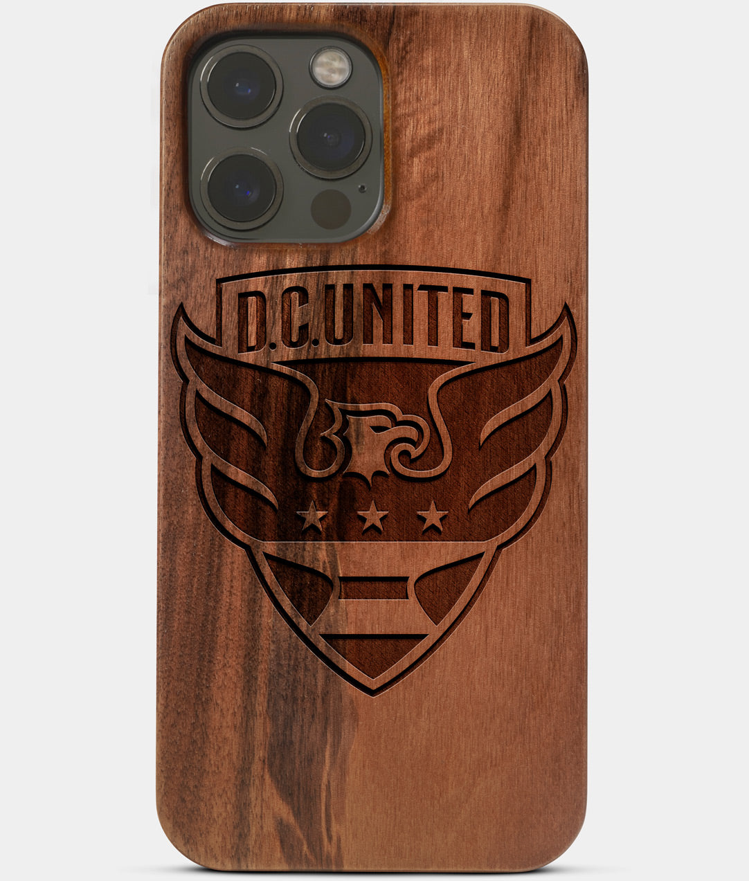 Carved Wood D.C. United iPhone 13 Pro Max Case | Custom D.C. United Gift, Birthday Gift | Personalized Mahogany Wood Cover, Gifts For Him, Monogrammed Gift For Fan | by Engraved In Nature