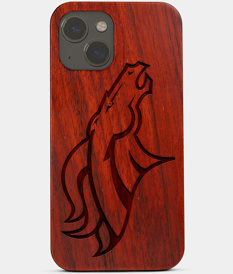 Carved Wood Denver Broncos iPhone 13 Case | Custom Denver Broncos Gift, Birthday Gift | Personalized Mahogany Wood Cover, Gifts For Him, Monogrammed Gift For Fan | by Engraved In Nature