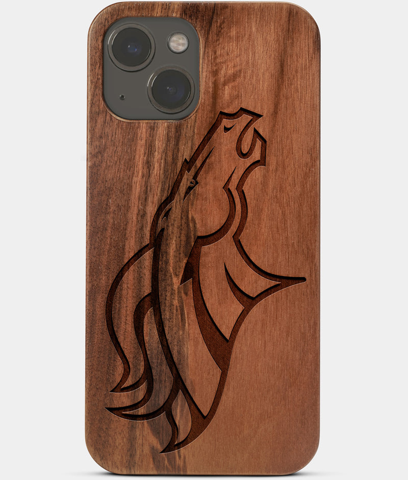 Carved Wood Denver Broncos iPhone 13 Case | Custom Denver Broncos Gift, Birthday Gift | Personalized Mahogany Wood Cover, Gifts For Him, Monogrammed Gift For Fan | by Engraved In Nature