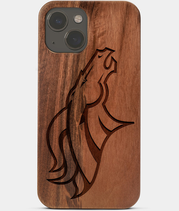 Carved Wood Denver Broncos iPhone 13 Mini Case | Custom Denver Broncos Gift, Birthday Gift | Personalized Mahogany Wood Cover, Gifts For Him, Monogrammed Gift For Fan | by Engraved In Nature