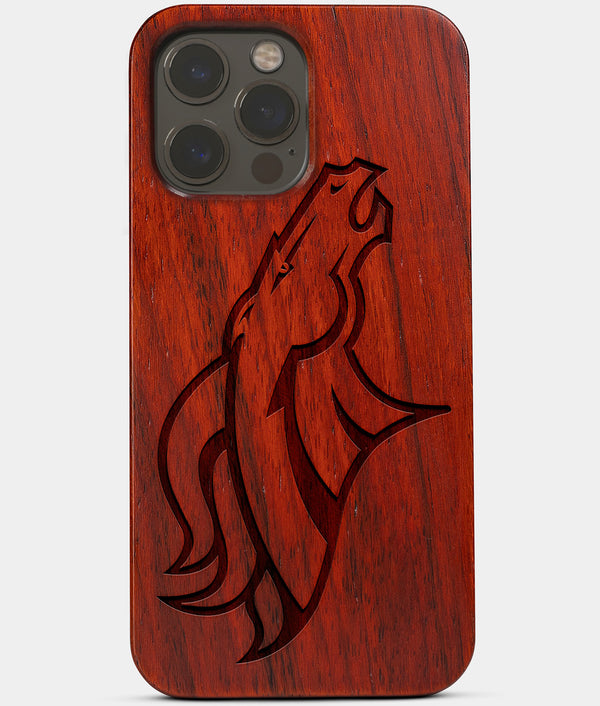 Carved Wood Denver Broncos iPhone 13 Pro Max Case | Custom Denver Broncos Gift, Birthday Gift | Personalized Mahogany Wood Cover, Gifts For Him, Monogrammed Gift For Fan | by Engraved In Nature
