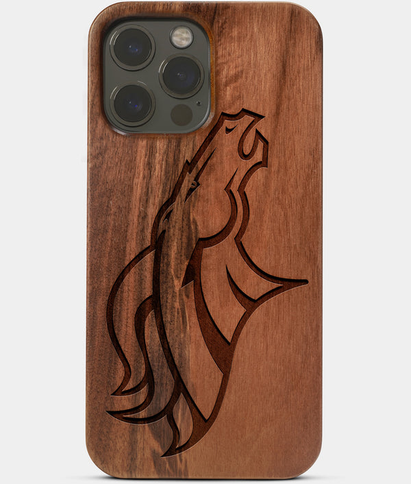 Carved Wood Denver Broncos iPhone 13 Pro Max Case | Custom Denver Broncos Gift, Birthday Gift | Personalized Mahogany Wood Cover, Gifts For Him, Monogrammed Gift For Fan | by Engraved In Nature