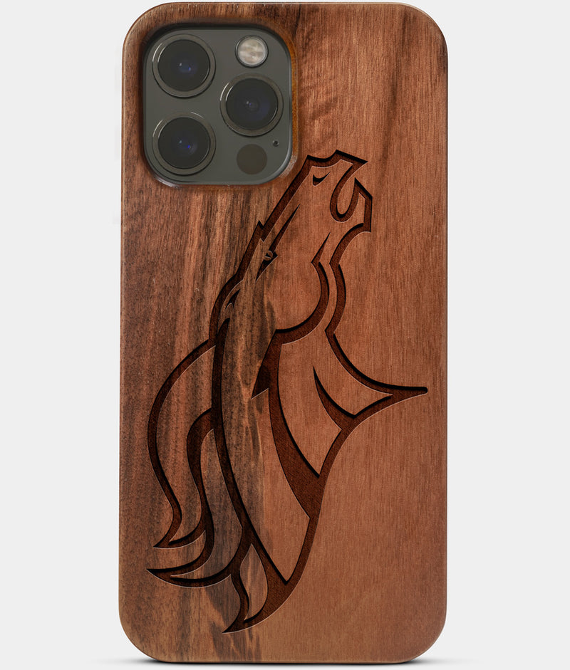 Carved Wood Denver Broncos iPhone 13 Pro Max Case | Custom Denver Broncos Gift, Birthday Gift | Personalized Mahogany Wood Cover, Gifts For Him, Monogrammed Gift For Fan | by Engraved In Nature