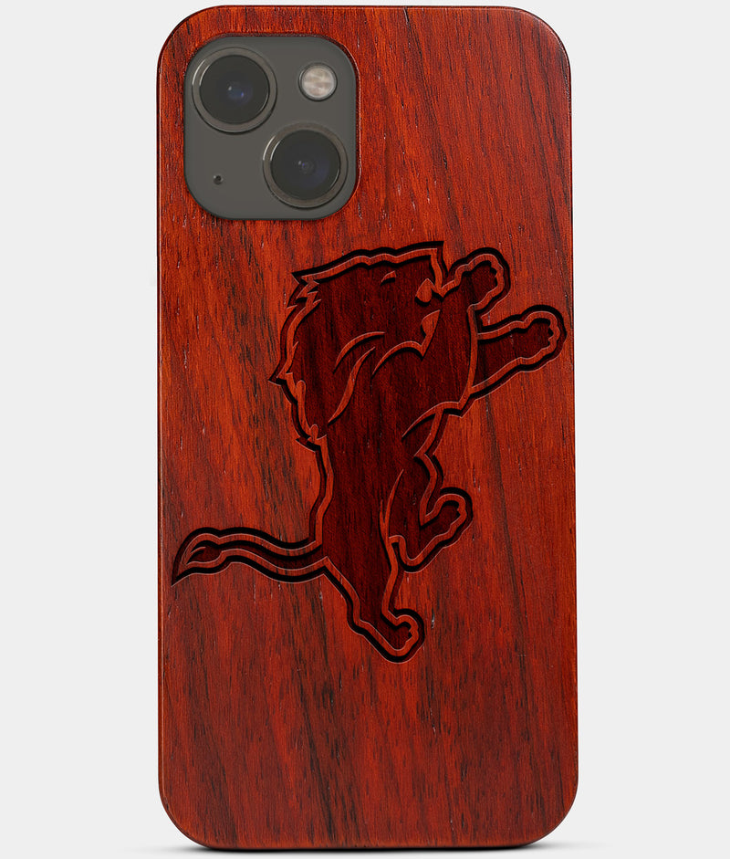 Carved Wood Detroit Lions iPhone 13 Mini Case | Custom Detroit Lions Gift, Birthday Gift | Personalized Mahogany Wood Cover, Gifts For Him, Monogrammed Gift For Fan | by Engraved In Nature