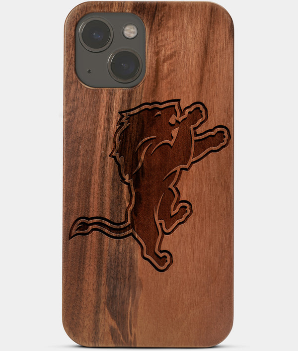 Carved Wood Detroit Lions iPhone 13 Mini Case | Custom Detroit Lions Gift, Birthday Gift | Personalized Mahogany Wood Cover, Gifts For Him, Monogrammed Gift For Fan | by Engraved In Nature