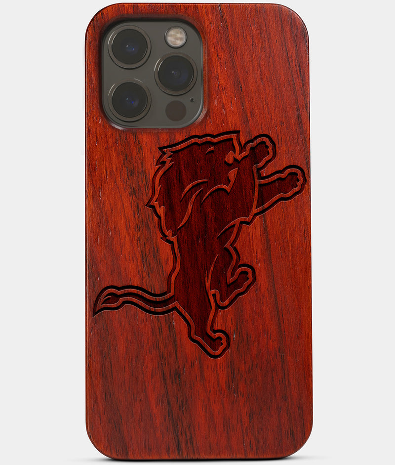 Carved Wood Detroit Lions iPhone 13 Pro Case | Custom Detroit Lions Gift, Birthday Gift | Personalized Mahogany Wood Cover, Gifts For Him, Monogrammed Gift For Fan | by Engraved In Nature