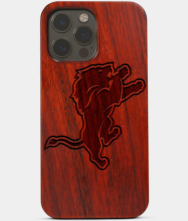 Carved Wood Detroit Lions iPhone 13 Pro Max Case | Custom Detroit Lions Gift, Birthday Gift | Personalized Mahogany Wood Cover, Gifts For Him, Monogrammed Gift For Fan | by Engraved In Nature
