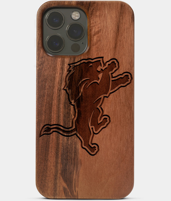 Carved Wood Detroit Lions iPhone 13 Pro Max Case | Custom Detroit Lions Gift, Birthday Gift | Personalized Mahogany Wood Cover, Gifts For Him, Monogrammed Gift For Fan | by Engraved In Nature