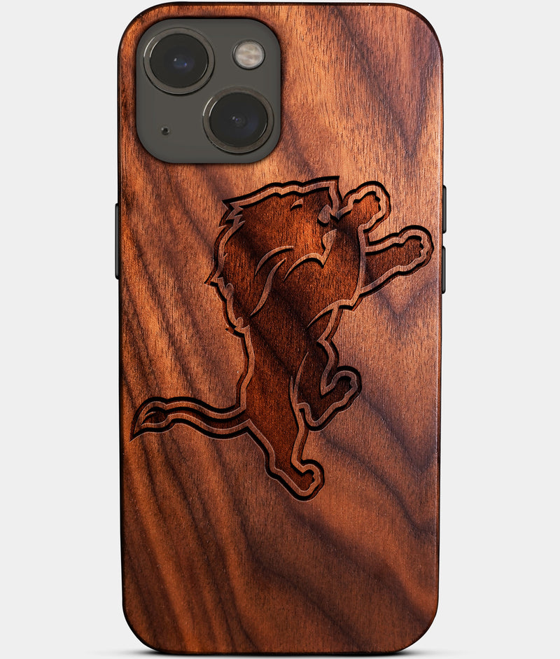Eco-friendly Detroit Lions iPhone 14 Plus Case - Carved Wood Custom Detroit Lions Gift For Him - Monogrammed Personalized iPhone 14 Plus Cover By Engraved In Nature